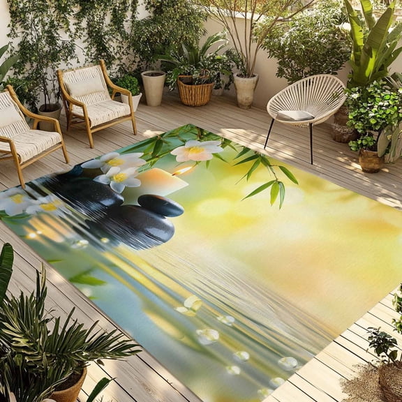 Modern Outdoor Rug, Country Water Surface Stone Flower Non-Slip Area Rugs Carpet Breathable Large Floor Mat for Outdoors Patio Porch Deck Beach 3’ x 5’
