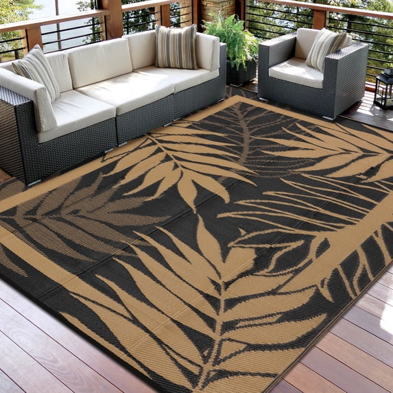 Modern Outdoor Rug, Waterproof Outdoor Area Rugs, Reversible Plastic Straw Carpet for Deck, Porch Picnic, Balcony, Beach, Black & Brown, 8*10 ft