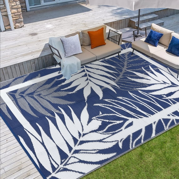 Modern Outdoor Rug, Waterproof Outdoor Area Rugs, Reversible Plastic Straw Carpet for Deck, Porch Picnic, Balcony, Beach, Blue, 8*10 ft