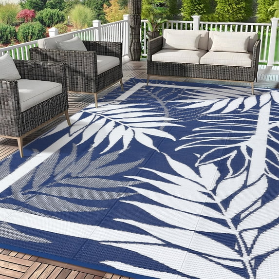 Modern Outdoor Rug, Waterproof Outdoor Area Rugs, Reversible Plastic Straw Carpet for Deck, Porch Picnic, Balcony, Beach, Blue, 9*18 ft