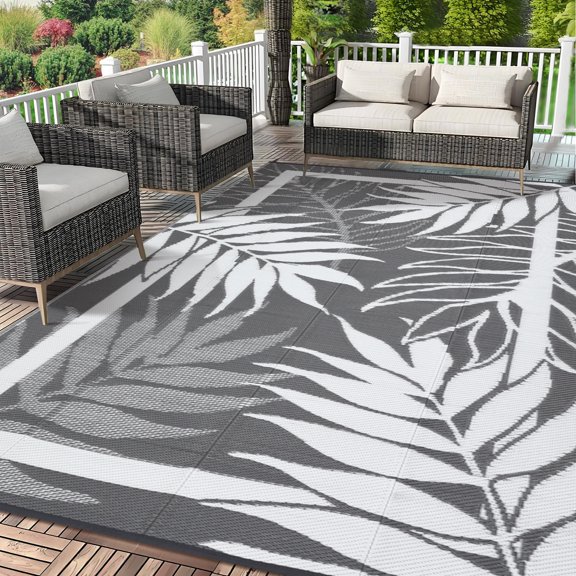 Modern Outdoor Rug, Waterproof Outdoor Area Rugs, Reversible Plastic Straw Carpet for Deck, Porch Picnic, Balcony, Beach, Gray, 8*10 ft
