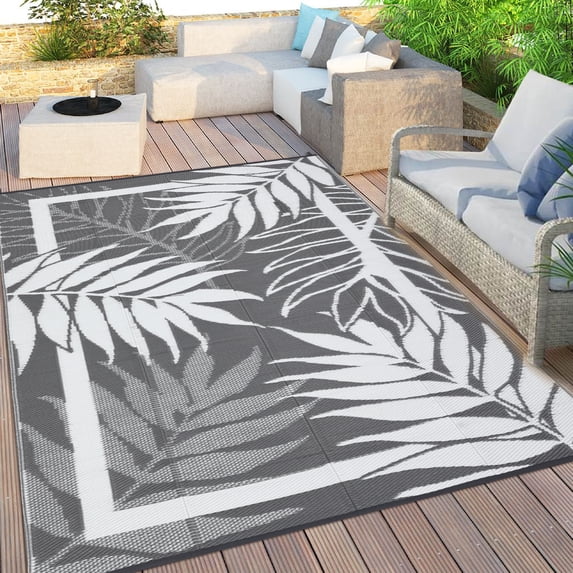 Modern Outdoor Rug, Waterproof Outdoor Area Rugs, Reversible Plastic Straw Carpet for Deck, Porch Picnic, Balcony, Beach, Gray, 9*18 ft
