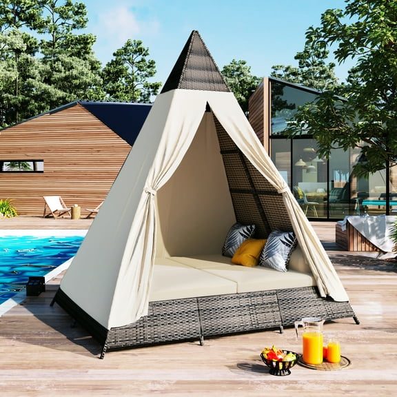 Modern Outdoor Sunbed With Tent Design - Customizable Relaxation Daybed Breathable Cushions Stay Cool And Relaxed