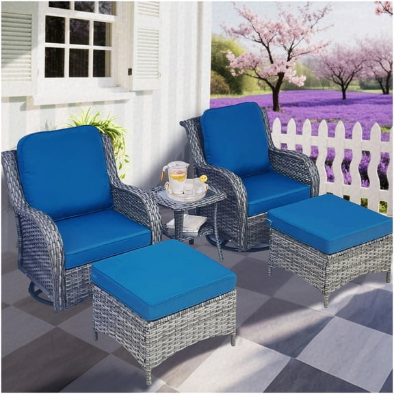 Modern Outdoor Swivel Rocking Chair Set, 5-Pc Rattan Patio Sectional with Table, Waterproof Blue Grey Furniture for Deck, Porch