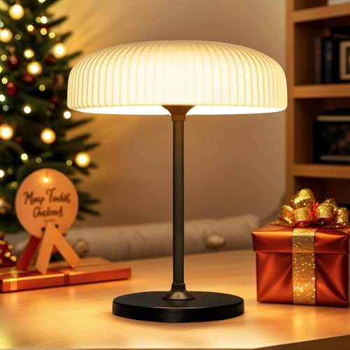 Modern Outdoor Table Lamp, White Pleated Shade, Black Metal Base, IP65 Waterproof, Solar/USB Charging, Dimmable Touch Control, Garden Patio Deck Lighting$$Tools & Hardware Other