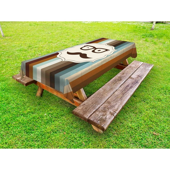 Modern Outdoor Tablecloth, Funny Man Face with Moustache and Glasses Winking on Striped Background Sir Artwork, Decorative Washable Fabric Picnic Tablecloth, 58 X 120 Inches, Multicolor, by Ambesonne