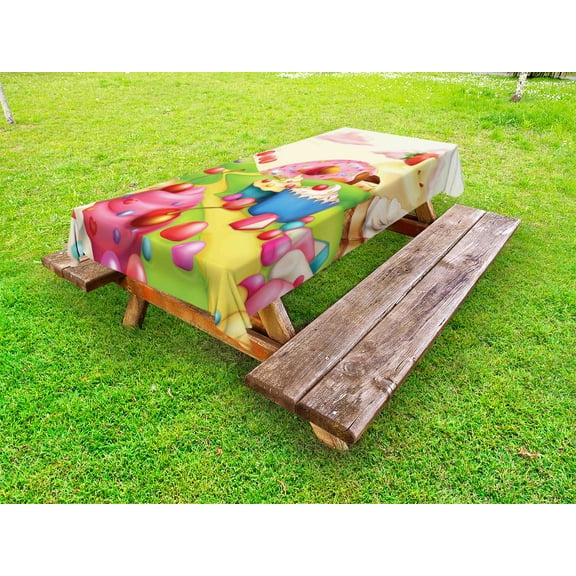 Modern Outdoor Tablecloth, Yummy Donuts Sweet Land Cupcakes Ice Cream Cotton Candy Clouds Kids Nursery Design, Decorative Washable Fabric Picnic Tablecloth, 58 X 104 Inches, Multicolor, by Ambesonne