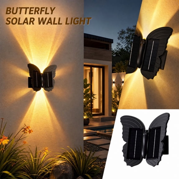 Modern Outdoor Wall Light, Solar Wall Light for Patio Yard Garden Stairway, Contemporary Butterfly Exterior Wall Sconce, Black Wall Mount Light for Outdoor Accent Lighting, 1 Pack