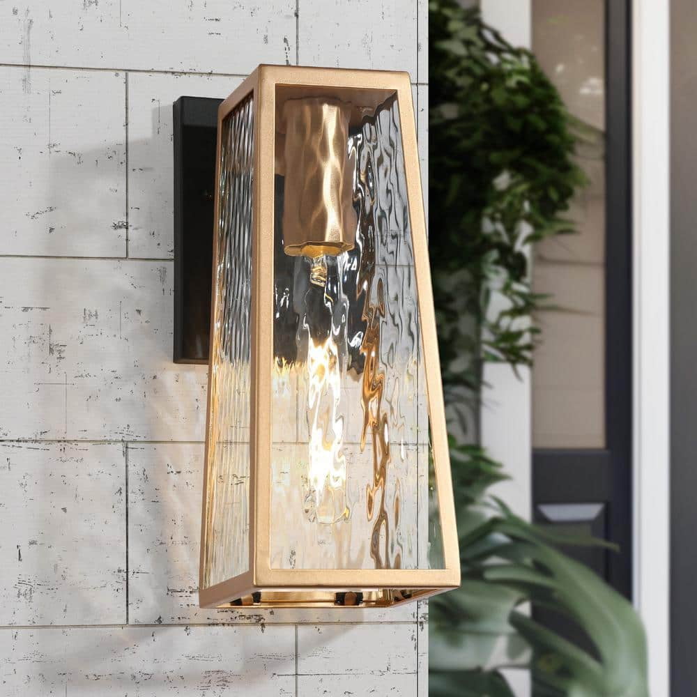 Medium Black and Gold Outdoor Metal Lantern Sconce with Clear Glass