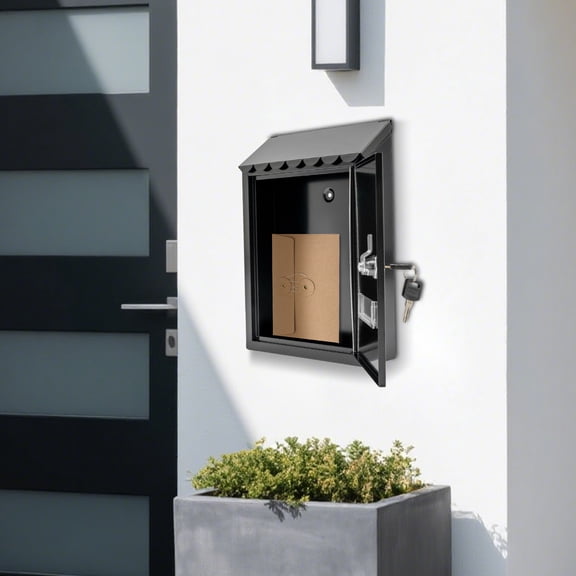 Modern Outdoor Waterproof Extra Large Drop Box Wall Mounted Mailbox Corrosion-Resistant Iron Construction with 2 Keys (Black)