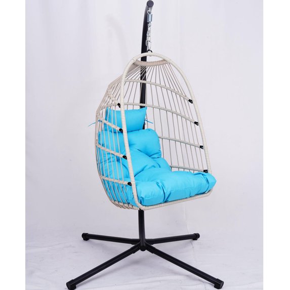Modern Outdoor Wicker Egg Hanging Chair with Stand in Plush Cushion 350 lbs Capacity for Patio Relaxation