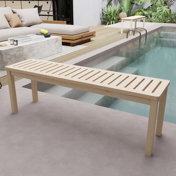 Modern Outdoor Wooden Bench Table, Slatted Patio Bench for Garden, Backyard, Poolside, Entryway and Outdoor Dining Use