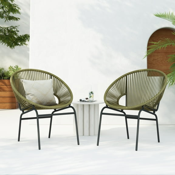 Modern Outdoor Woven Basket Club Chairs with PP Rattan and Iron Frame, Green, Set of 2