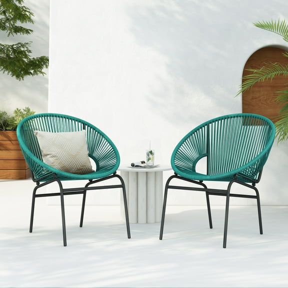 Modern Outdoor Woven Basket Club Chairs with PP Rattan and Iron Frame, Teal, Set of 2