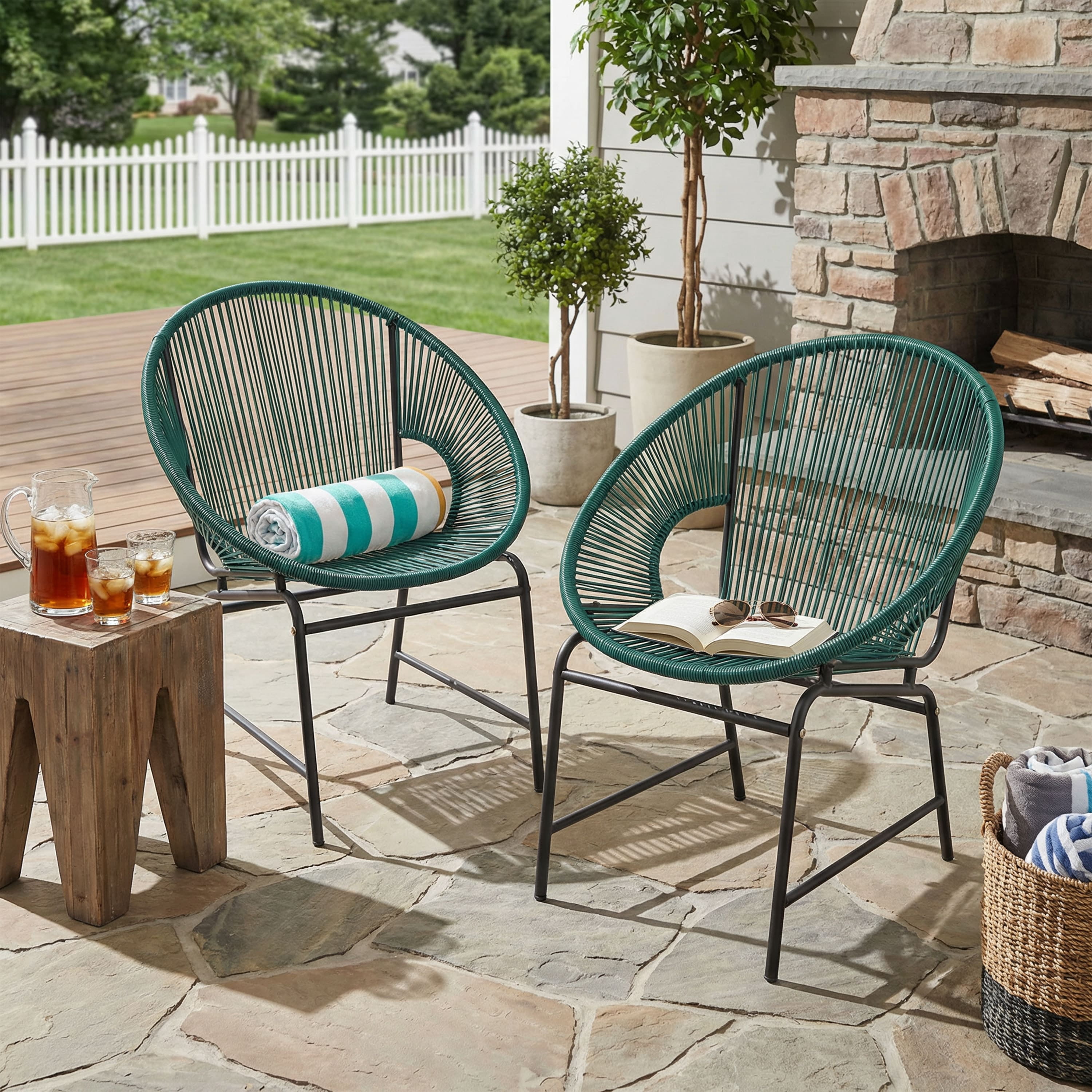 Modern Outdoor Woven Basket Club Chairs with PP Rattan and Iron Frame, Teal, Set of 2