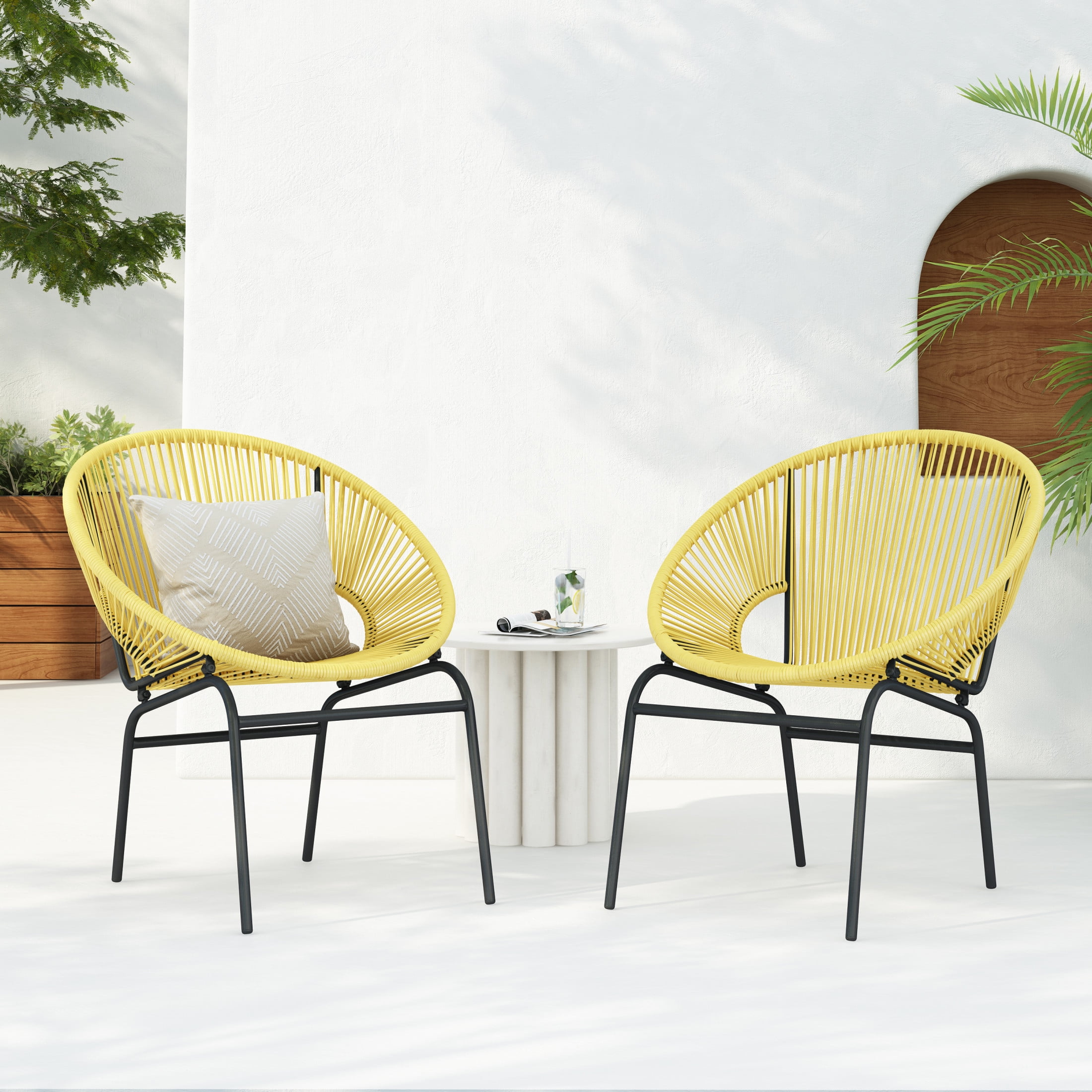 Modern Outdoor Woven Basket Club Chairs with PP Rattan and Iron Frame, Yellow, Set of 2