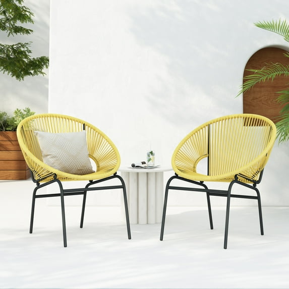 Modern Outdoor Woven Basket Club Chairs with PP Rattan and Iron Frame, Yellow, Set of 2