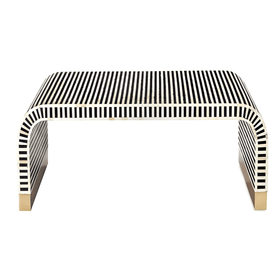 Modern Oval Bone Inlay Coffee Table – Black & White Striped U-Shaped Handmade Design