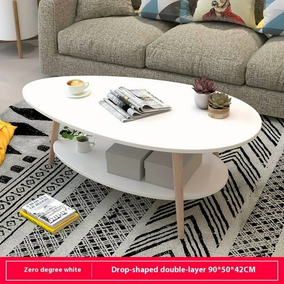 Modern Oval Coffee Table - 2-Tier Open Storage - White Recycled Wood - Space-Saving for Living Room & Office