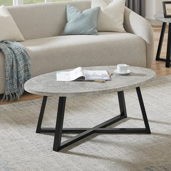 Modern Oval Coffee Table, 46" Faux Concrete Gray Top with Black Metal Sled Legs, Living Room Accent Table