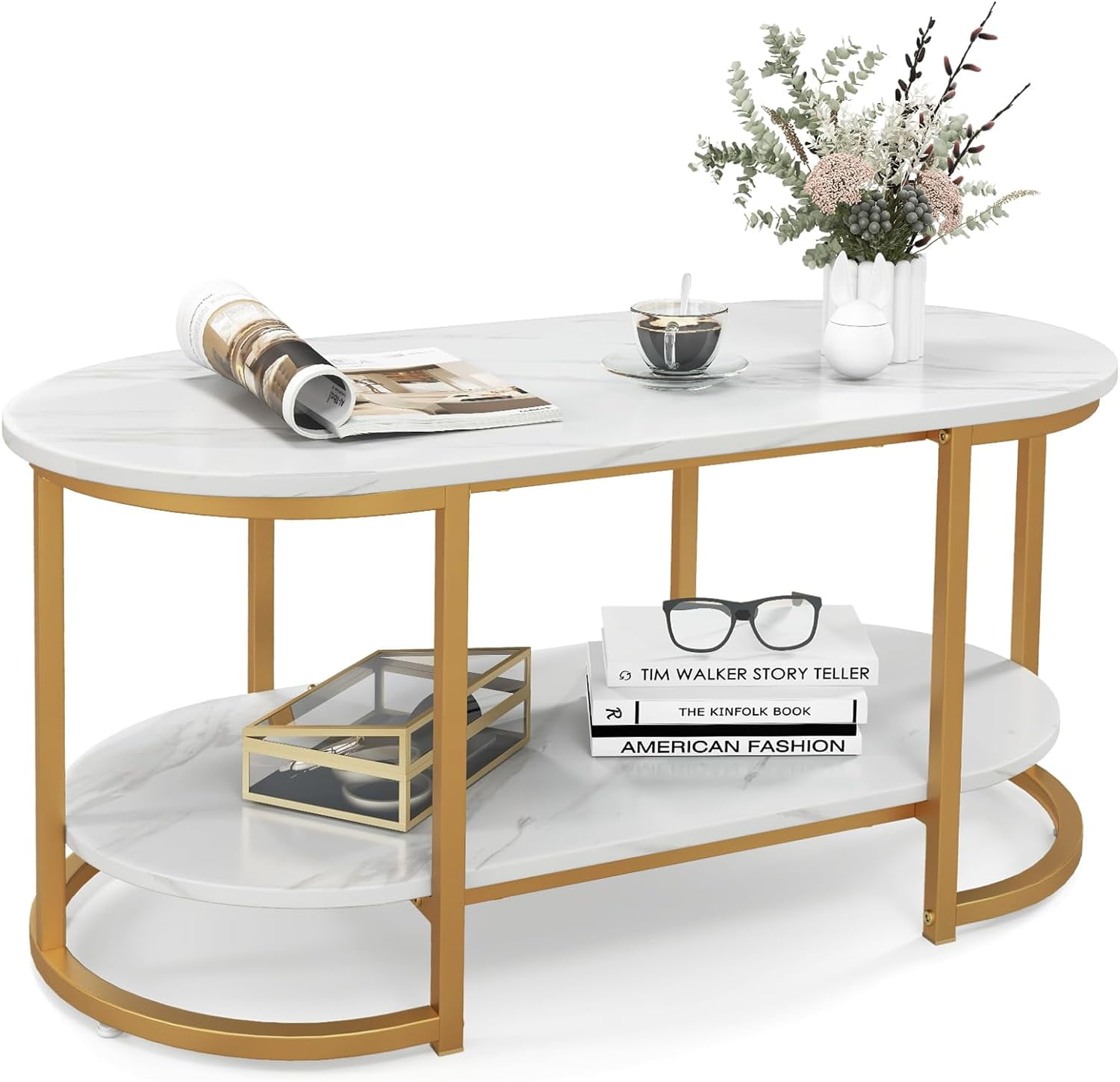 Modern Oval Coffee Table, Faux Marble White Coffee Table with Wide Tabletop & Open Shelf, 2-Tier Cocktail Table, Center Table with Gold Finished Metal Frame for Living Room, Office, White