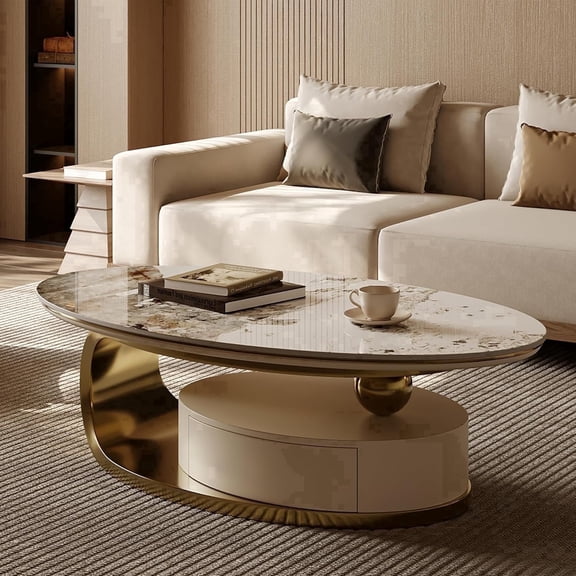 Modern Oval Coffee Table for Living Room, 51.2" Sintered Stone Coffee Tabletop with Storage Drawer, Minimalist Living Room Table with Metal Base, Gold Center Table Tea Table for Home Office
