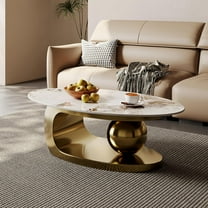 Modern Oval Coffee Table for Living Room, Sintered Stone Coffee Tabletop with Gold Stainless Steel Base, 51.2" Minimalist Living Room Table Tea Table Home Furniture