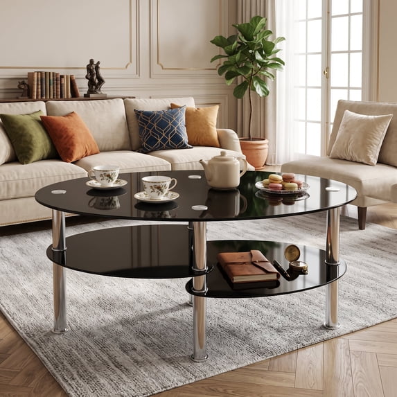 Modern Oval Coffee Table, Tempered Glass Center Table with Metal Legs for Living Room Home Decor Furniture,Black