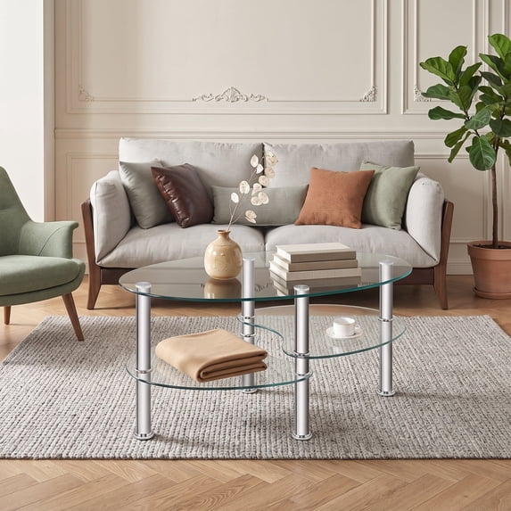 Modern Oval Coffee Table, Tempered Glass Center Table with Metal Legs for Living Room Home Decor Furniture,Transparent
