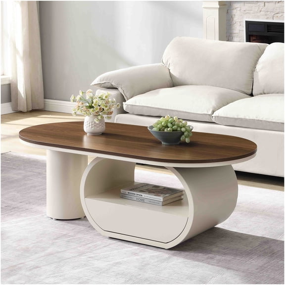 Modern Oval Coffee Table with Drawer, Antique Brown and White Storage Console Table for Living Room, Sofa Table with Adjustable Leveling Feet