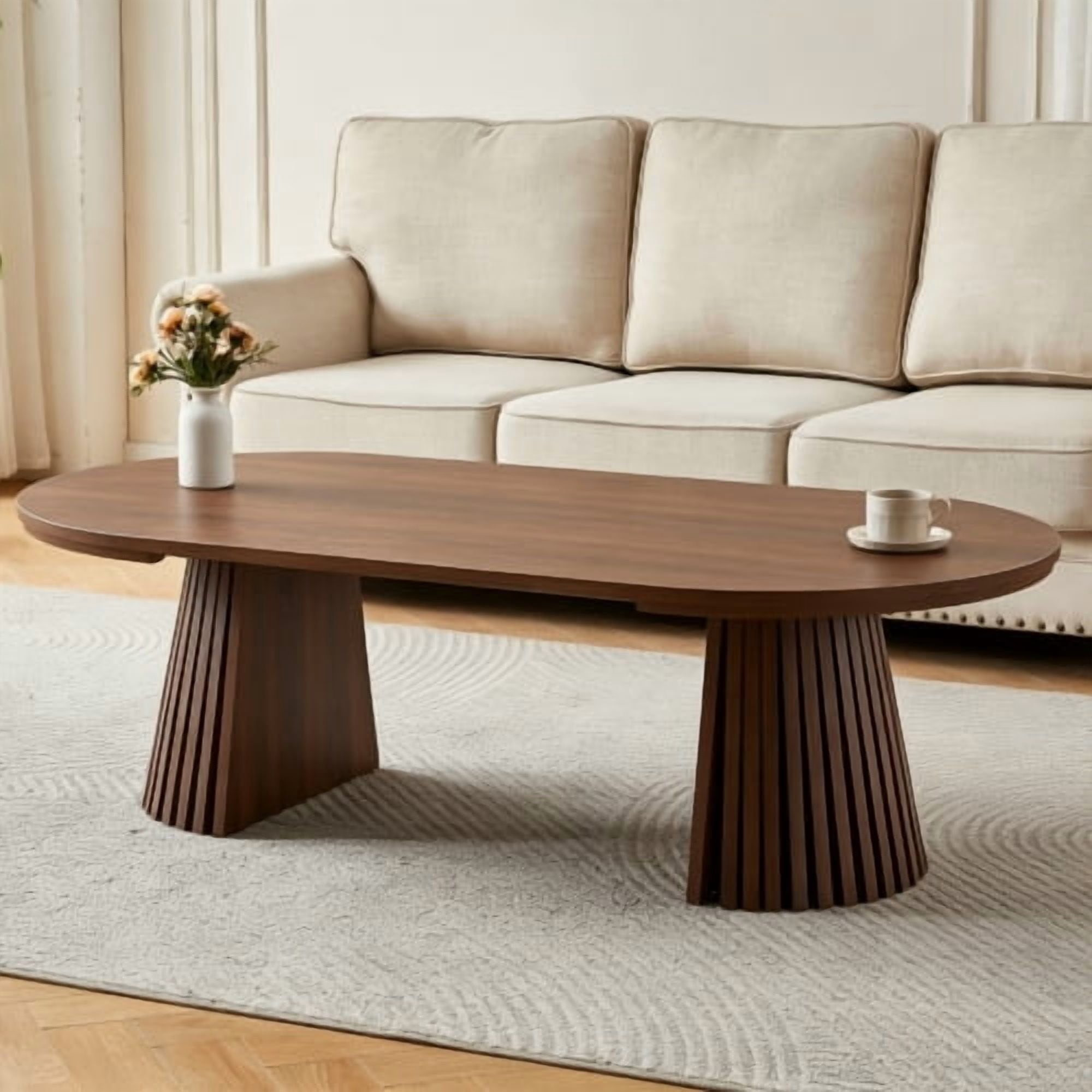 Modern Oval Extendable Wood Coffee Table, Slatted Legs, Multi-Functional Center Table for Living Room or Office, 31.5"–55.12" L, Walnut
