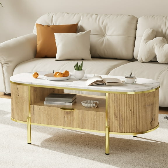 Modern Oval Fluted Coffee Table – Faux Marble Top, 2-Tier Open Shelf, Drawer, Curved Gold Metal Legs, Stylish Center Table for Living Room or Office – Natural Oak