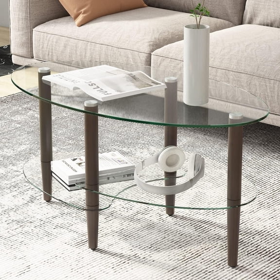 Modern Oval Glass Coffee Table, 2-Tier Oval Tea Table with Tempered Glass Storage Space & Oak Legs, Center Table for Home, Clear