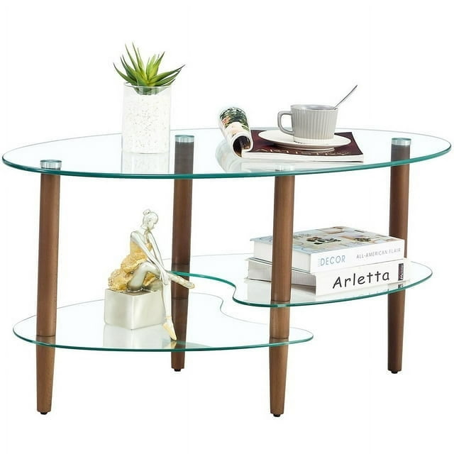 Modern Oval Glass Coffee Table, 3Tier Glass Coffee Table with Storage