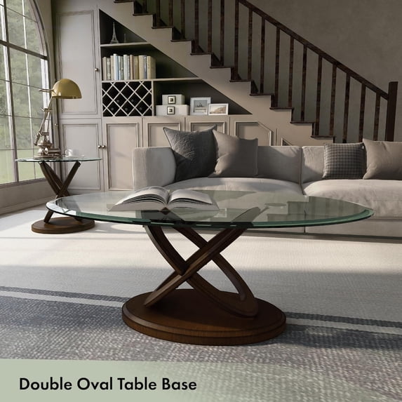 Modern Oval Glass Top Coffee Table with X-Base, Dark Walnut , 48 in for Living Room, Bedroom, Home Office