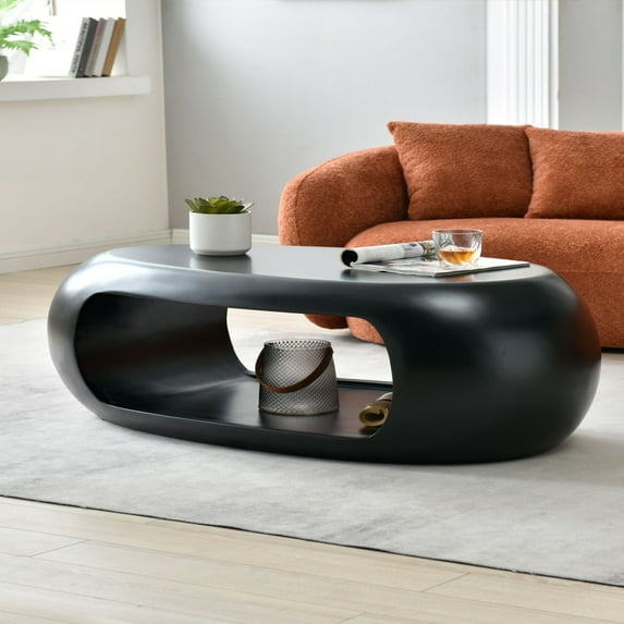 Modern Oval Hollow Design Coffee Table, Sturdy Fiberglass Center Cocktail Table Tea Table for Livingroom Dining Room Lounges, 47.24"Lx 25.59"W x 18.11"H, No Need Assembly, Black