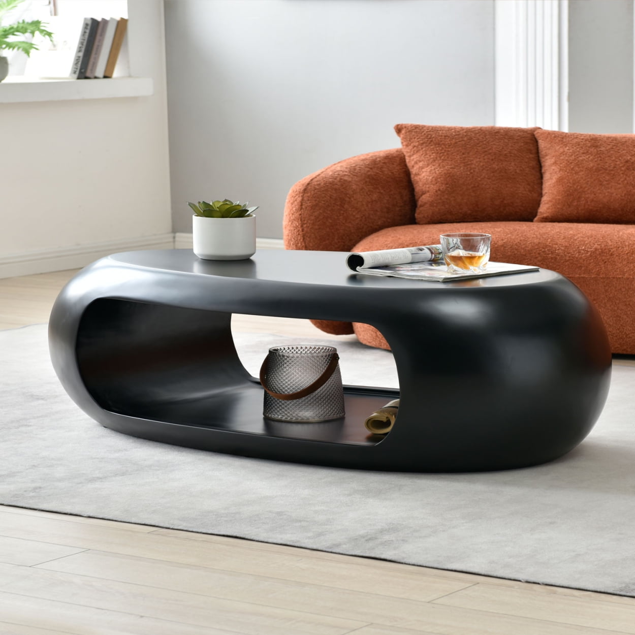 Modern Oval Hollow Design Coffee Table, Sturdy Fiberglass Center