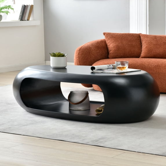 Modern Oval Hollow Design Coffee Table, Sturdy Fiberglass Center Cocktail Table Tea Table for Livingroom Dining Room Lounges, 53.15"Lx 30.71"W x 15.75"H, No Need Assembly, Matt Black