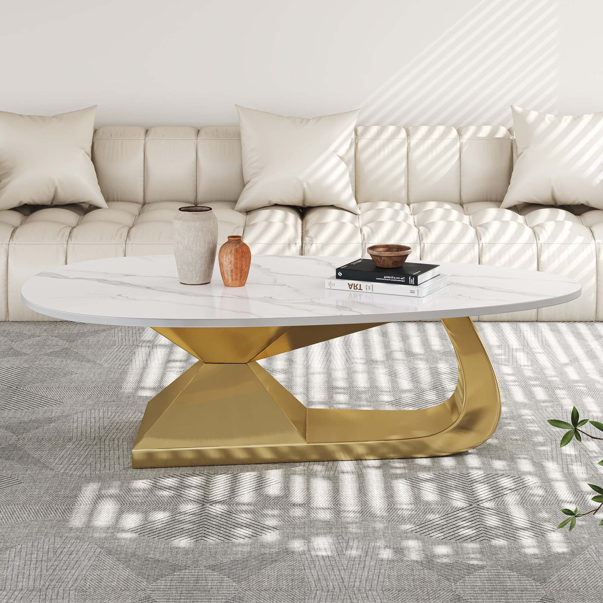 ENSHUI Oval Marble Coffee Table with Sturdy Stainless Steel Base, Gold ...