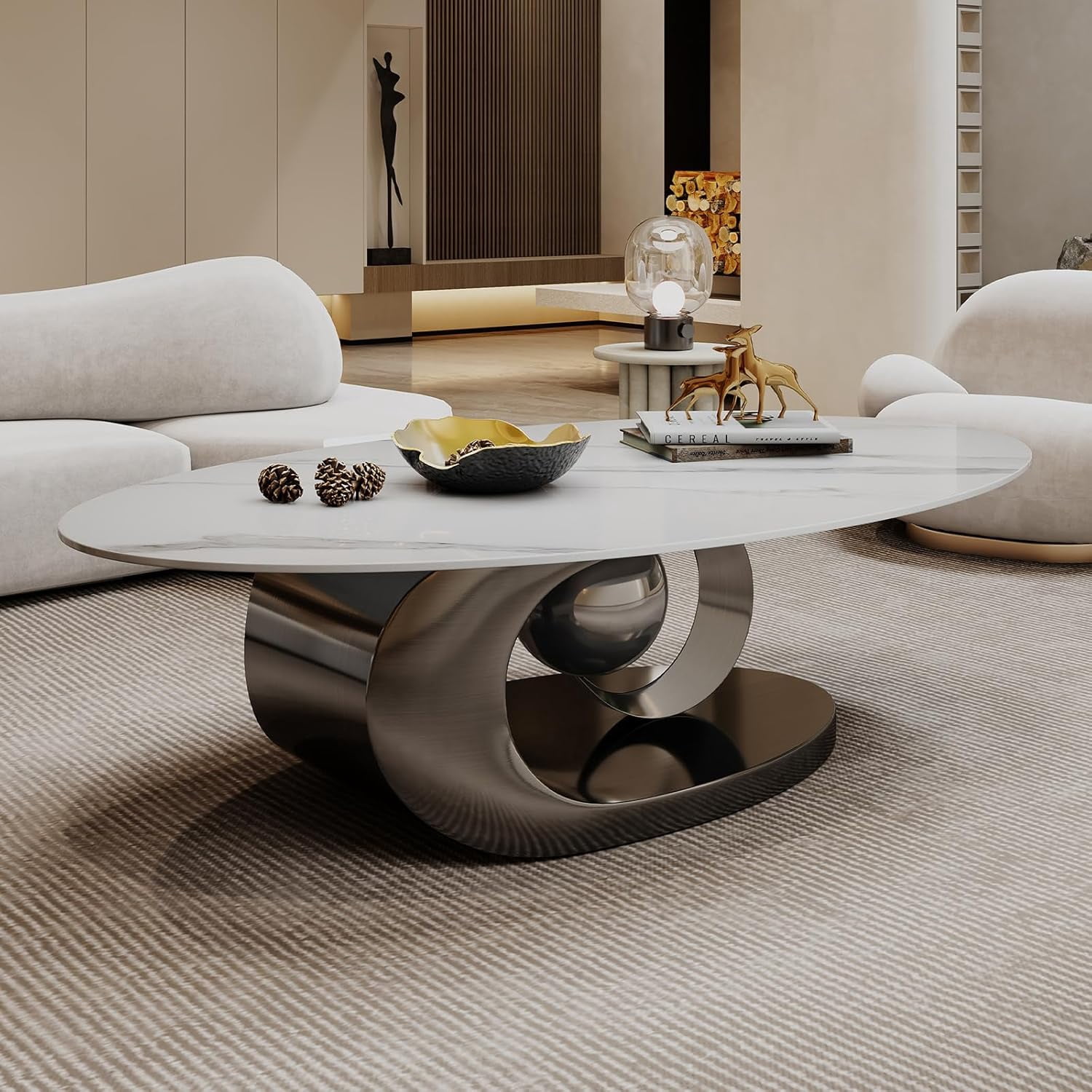 Modern Oval Stone Coffee Table with Gray Metal Base - Elegant Centerpiece for Stylish Living Rooms - 49.2" Lx27.6 Wx15.8 H