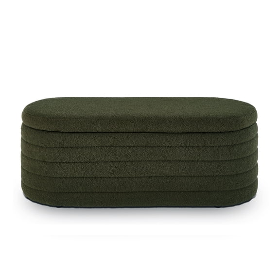 Modern Oval Storage Ottoman Bench, Boucle Teddy Fabric Upholstered End of Bed Bench with Safety Hinge, Storage Entryway Bench, Storage Foot Stool for Bedroom Living Room