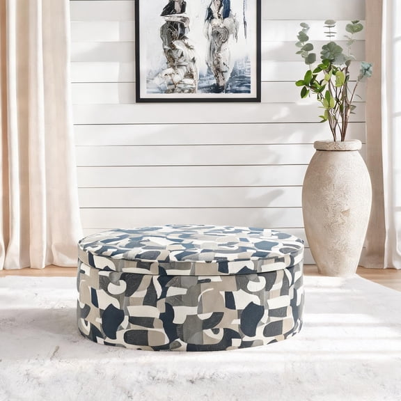 Modern Oval Upholstered Storage Ottoman with Lift-Off Lid, Indigo Patterned Fabric