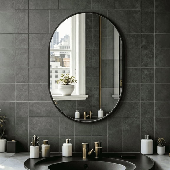 Modern Oval Wall Mirror, 20"X30" Matte Black Metal Frame Mirror for Bathroom Vanity, Entryway, Living Room, HD Reflection Rust-Resistant Decorative Hanging Mirror, Black