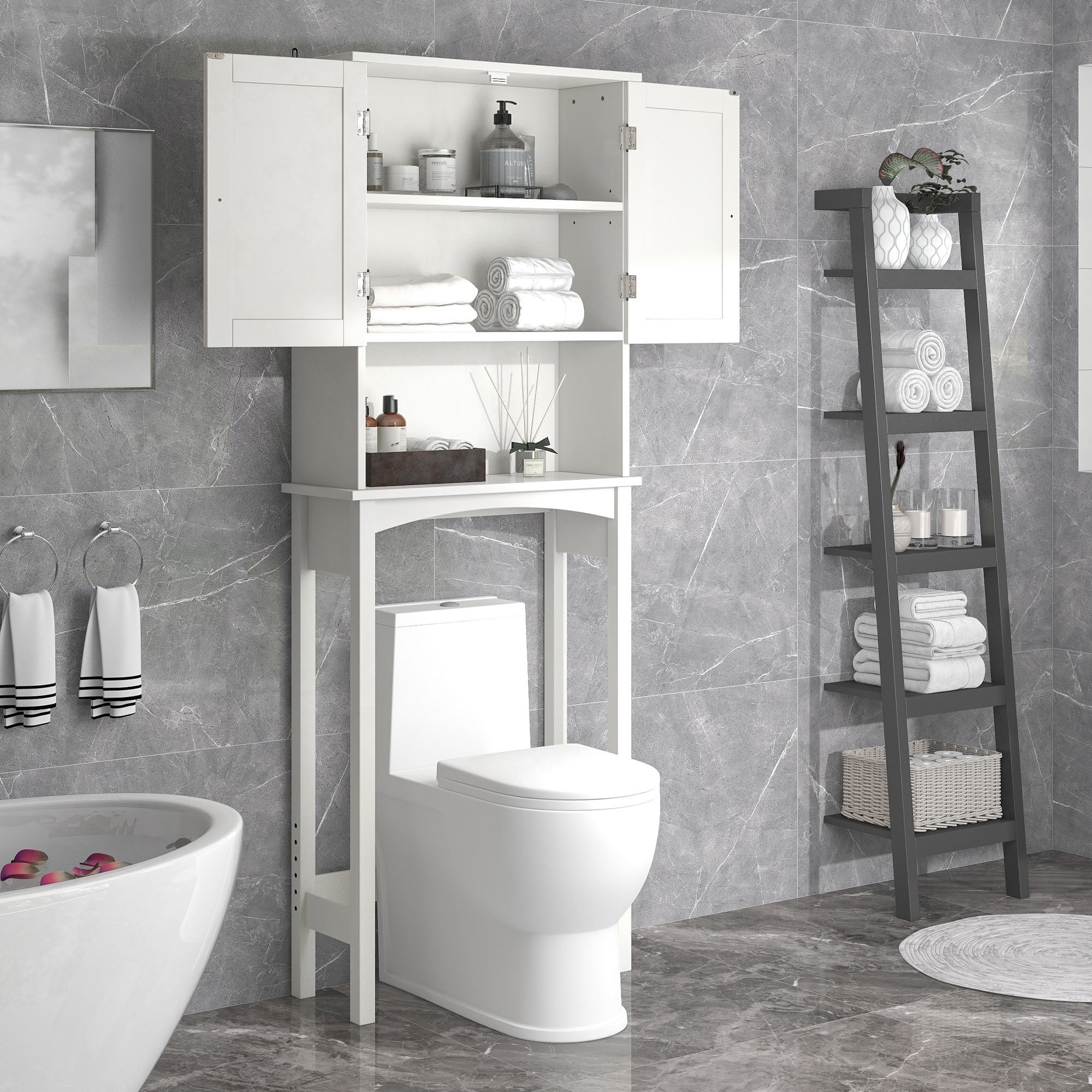 Modern Over The Toilet Storage Cabinet with Open Adjustable Shelf Over ...