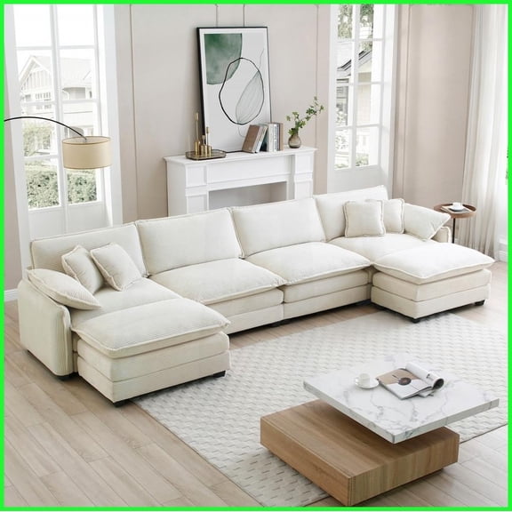 Modern Oversize U-Shape Corduroy Sofa with 2 Ottomans - 4 Seater for Living Room, Soft Plush Fabric & Ergonomic Comfort