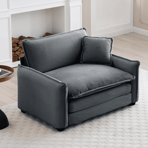 Modern Oversized Corduroy Armchair,Deep Seat Accent Chair with Pillow,Comfy Single Sofa Chair for Living Room Bedroom Apartment,Grey