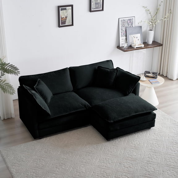 Modern Oversized L Shaped Modular Sectional Sofa with Ottoman,Chenille Deep Love Seat,Upholstered Cloud Couch for Living Room Bedroom Apartment,Black