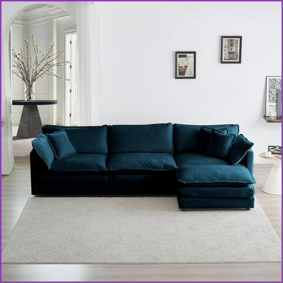 Modern Oversized L-Shaped Modular Sectional Sofa with Reversible Ottoman – Blue Chenille for Living Room Comfort
