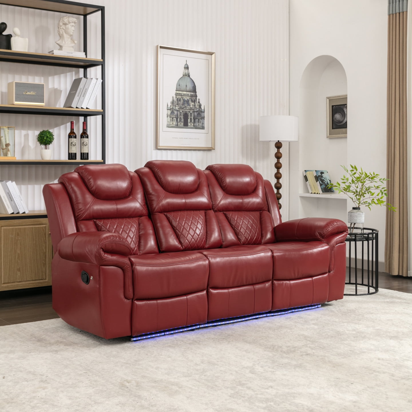 Modern Oversized Manual Motion Recliner Sofa Multifunctional Home Theater 3 Seaters Sofa Couch with LED Light Strips Center Storage Console and Cup Holders for Living Room Red Walmart