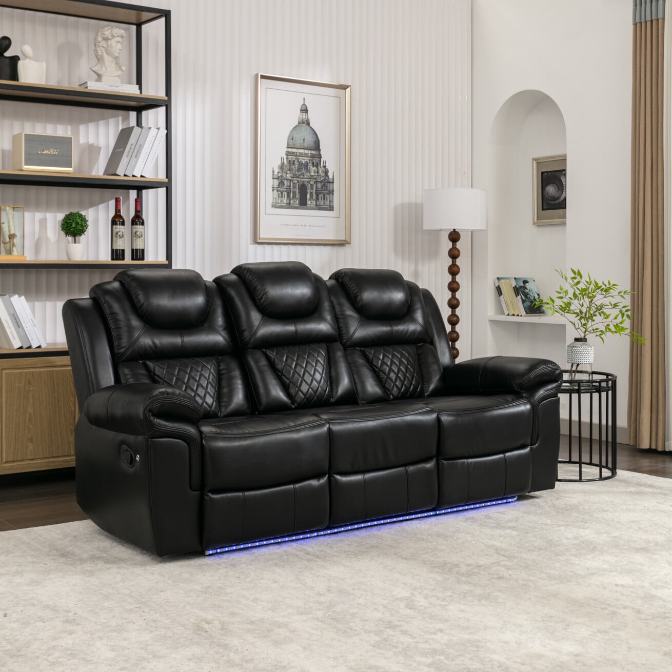 Modern Oversized Manual Motion Recliner Sofa Multifunctional Home Theater 3 Seaters Sofa Couch with LED Light Strips Center Storage Console and Cup Holders for Living Room Black Walmart